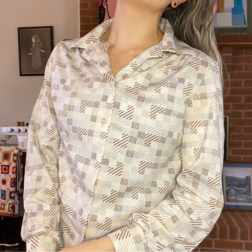 Vintage 70s COS COB Square Grid Print Disco Collar Button Up Top Plaid P…